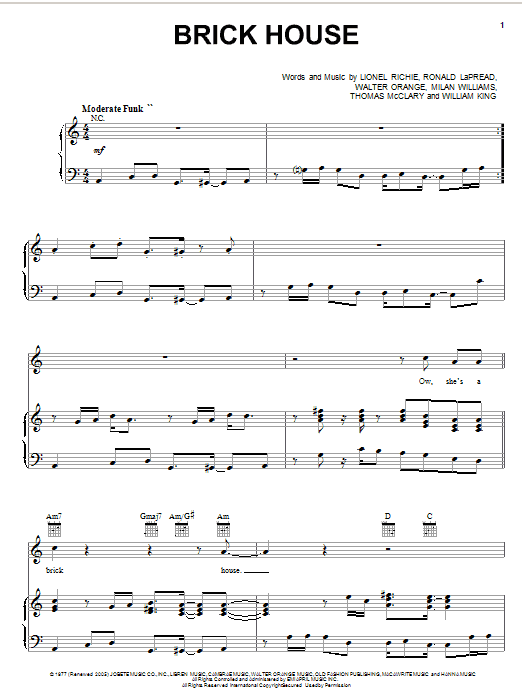 Learn to play Commodores Brick House sheet music for Bass Guitar Tab in minutes. Commodores Brick House sheet music preview music notes and score for Bass Guitar Tab including 9 page(s)