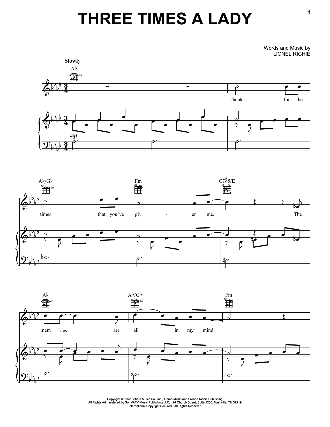 Commodores Three Times A Lady sheet music preview music notes and score for Easy Piano including 5 page(s)