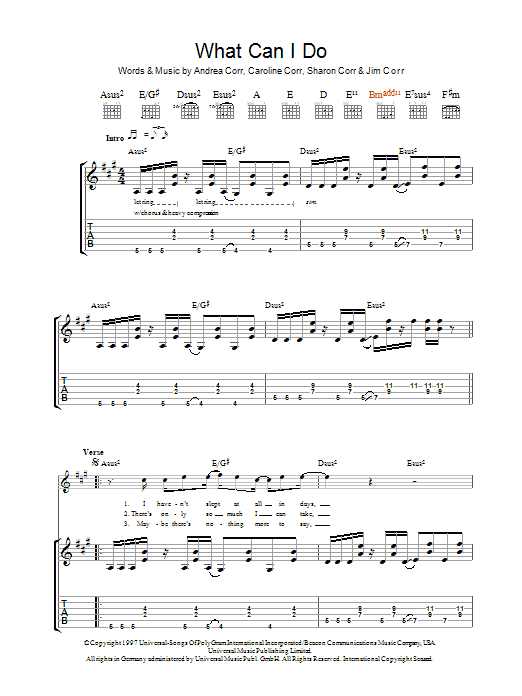 Learn to play The Corrs What Can I Do sheet music for Guitar Tab in minutes. The Corrs What Can I Do sheet music preview music notes and score for Guitar Tab including 6 page(s)