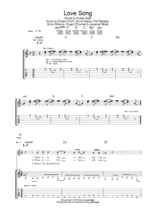 The Cure Lovesong sheet music preview music notes and score for Guitar Tab including 7 page(s)