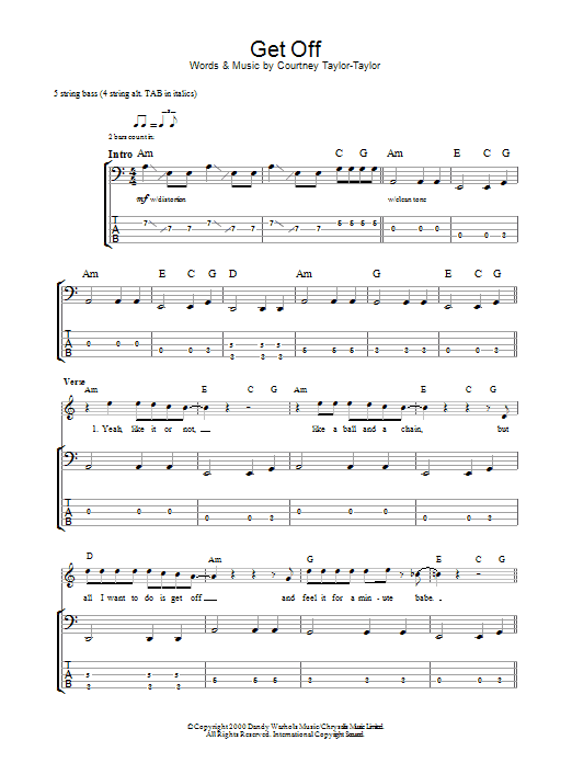 The Dandy Warhols Get Off sheet music preview music notes and score for Bass Guitar Tab including 5 page(s)