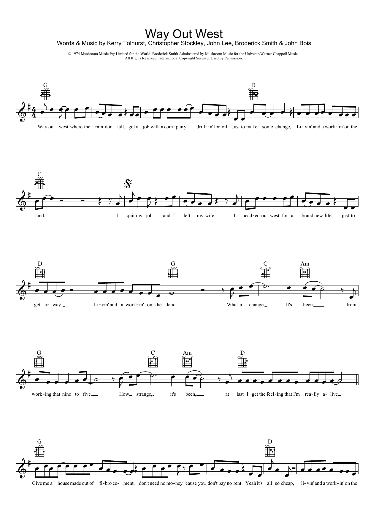 The Dingoes Way Out West sheet music preview music notes and score for Melody Line, Lyrics & Chords including 2 page(s)