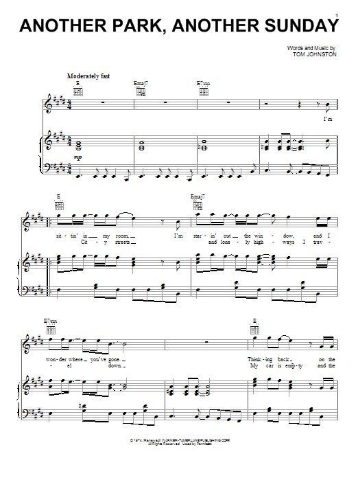 Learn to play The Doobie Brothers Another Park, Another Sunday sheet music for Piano, Vocal & Guitar (Right-Hand Melody) in minutes. The Doobie Brothers Another Park, Another Sunday sheet music preview music notes and score for Piano, Vocal & Guitar (Right-Hand Melody) including 5 page(s)