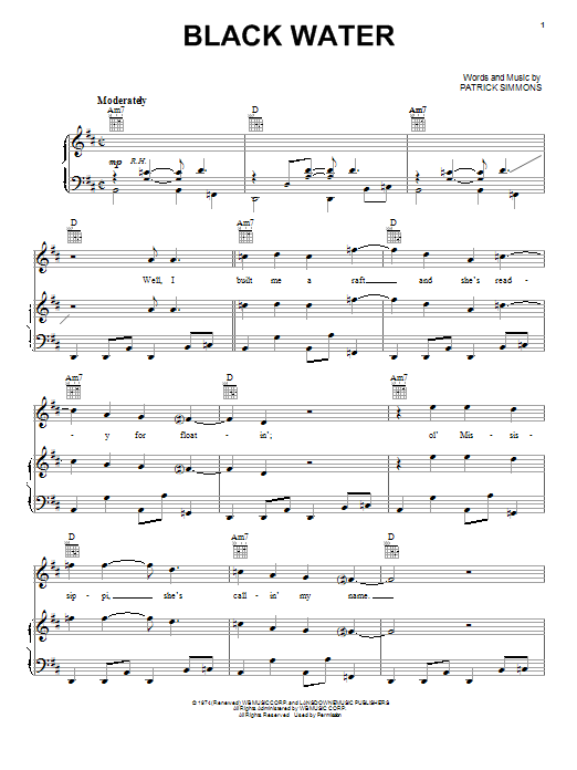 Learn to play The Doobie Brothers Black Water sheet music for Piano, Vocal & Guitar (Right-Hand Melody) in minutes. The Doobie Brothers Black Water sheet music preview music notes and score for Piano, Vocal & Guitar (Right-Hand Melody) including 6 page(s)