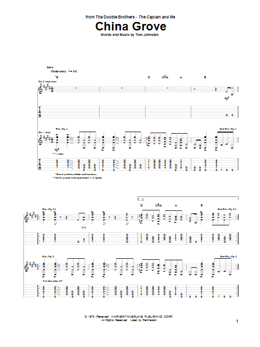 Learn to play The Doobie Brothers China Grove sheet music for Guitar Tab in minutes. The Doobie Brothers China Grove sheet music preview music notes and score for Guitar Tab including 9 page(s)
