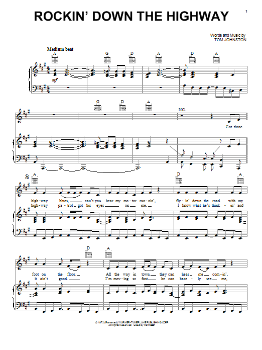 Learn to play The Doobie Brothers Rockin' Down The Highway sheet music for Piano, Vocal & Guitar (Right-Hand Melody) in minutes. The Doobie Brothers Rockin' Down The Highway sheet music preview music notes and score for Piano, Vocal & Guitar (Right-Hand Melody) including 5 page(s)