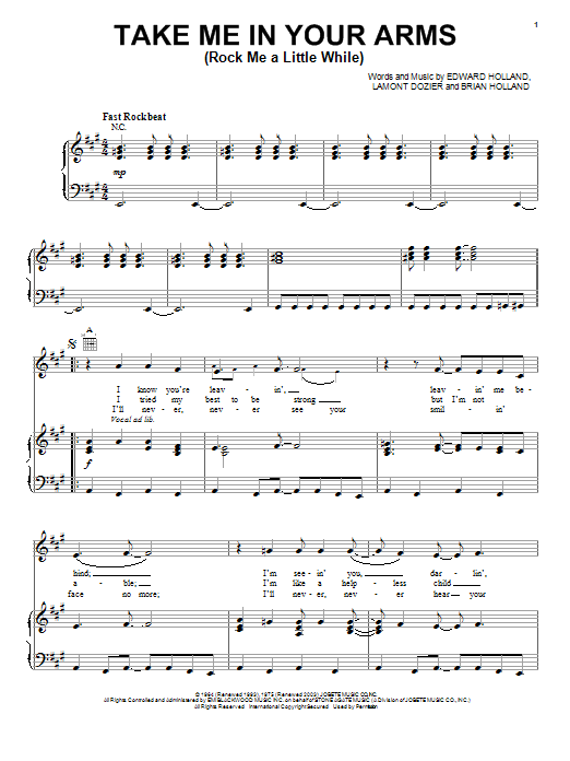 Learn to play The Doobie Brothers Take Me In Your Arms (Rock Me A Little While) sheet music for Piano, Vocal & Guitar (Right-Hand Melody) in minutes. The Doobie Brothers Take Me In Your Arms (Rock Me A Little While) sheet music preview music notes and score for Piano, Vocal & Guitar (Right-Hand Melody) including 3 page(s)