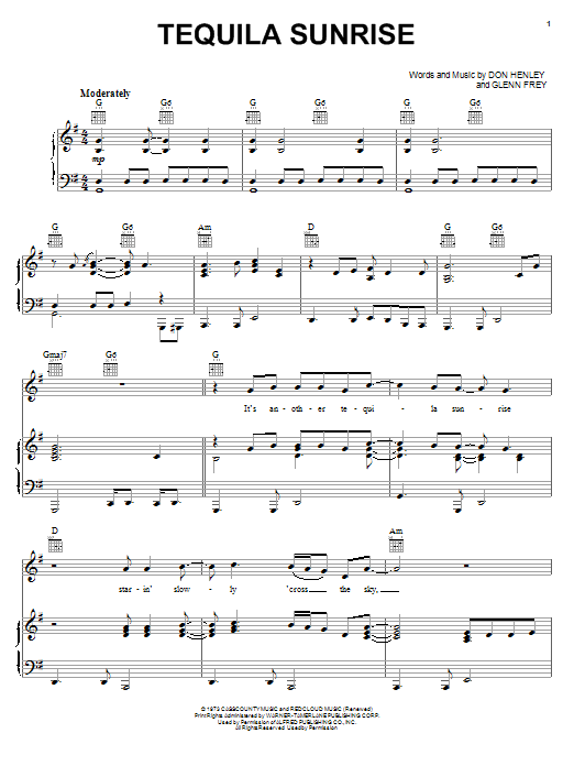 Learn to play Eagles Tequila Sunrise sheet music for Piano, Vocal & Guitar (Right-Hand Melody) in minutes. Eagles Tequila Sunrise sheet music preview music notes and score for Piano, Vocal & Guitar (Right-Hand Melody) including 6 page(s)