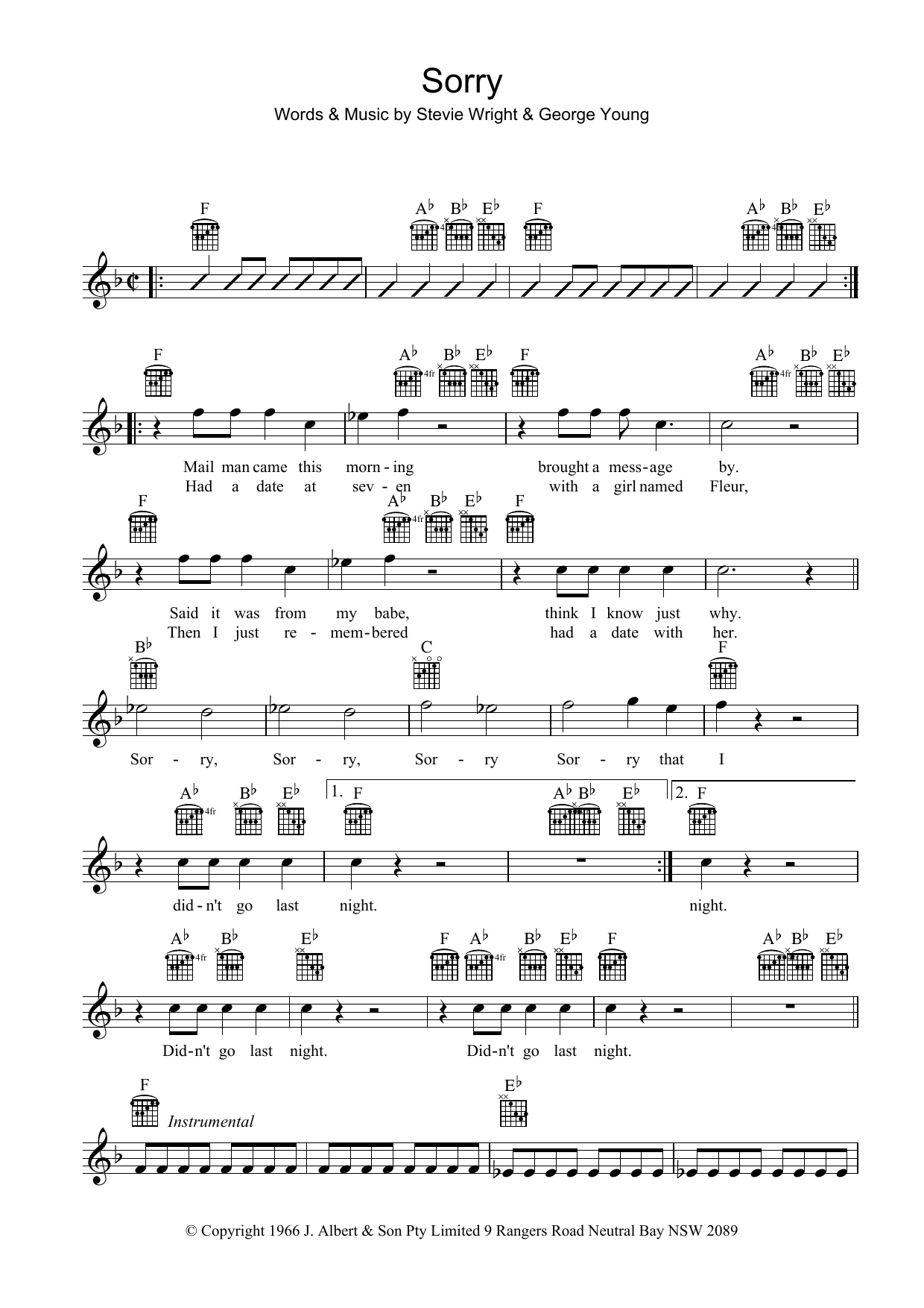 Learn to play The Easybeats Sorry sheet music for Melody Line, Lyrics & Chords in minutes. The Easybeats Sorry sheet music preview music notes and score for Melody Line, Lyrics & Chords including 2 page(s)
