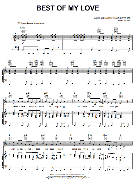 The Emotions Best Of My Love sheet music preview music notes and score for Piano, Vocal & Guitar (Right-Hand Melody) including 4 page(s)