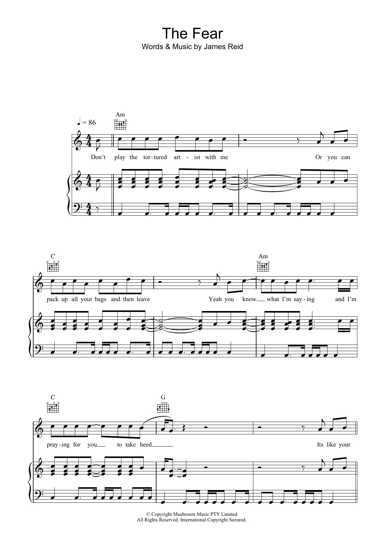 Learn to play The Feelers The Fear sheet music for Piano, Vocal & Guitar (Right-Hand Melody) in minutes. The Feelers The Fear sheet music preview music notes and score for Piano, Vocal & Guitar (Right-Hand Melody) including 9 page(s)