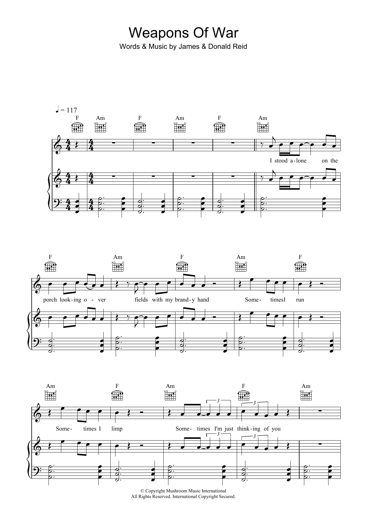 Learn to play The Feelers Weapons Of War sheet music for Piano, Vocal & Guitar (Right-Hand Melody) in minutes. The Feelers Weapons Of War sheet music preview music notes and score for Piano, Vocal & Guitar (Right-Hand Melody) including 6 page(s)