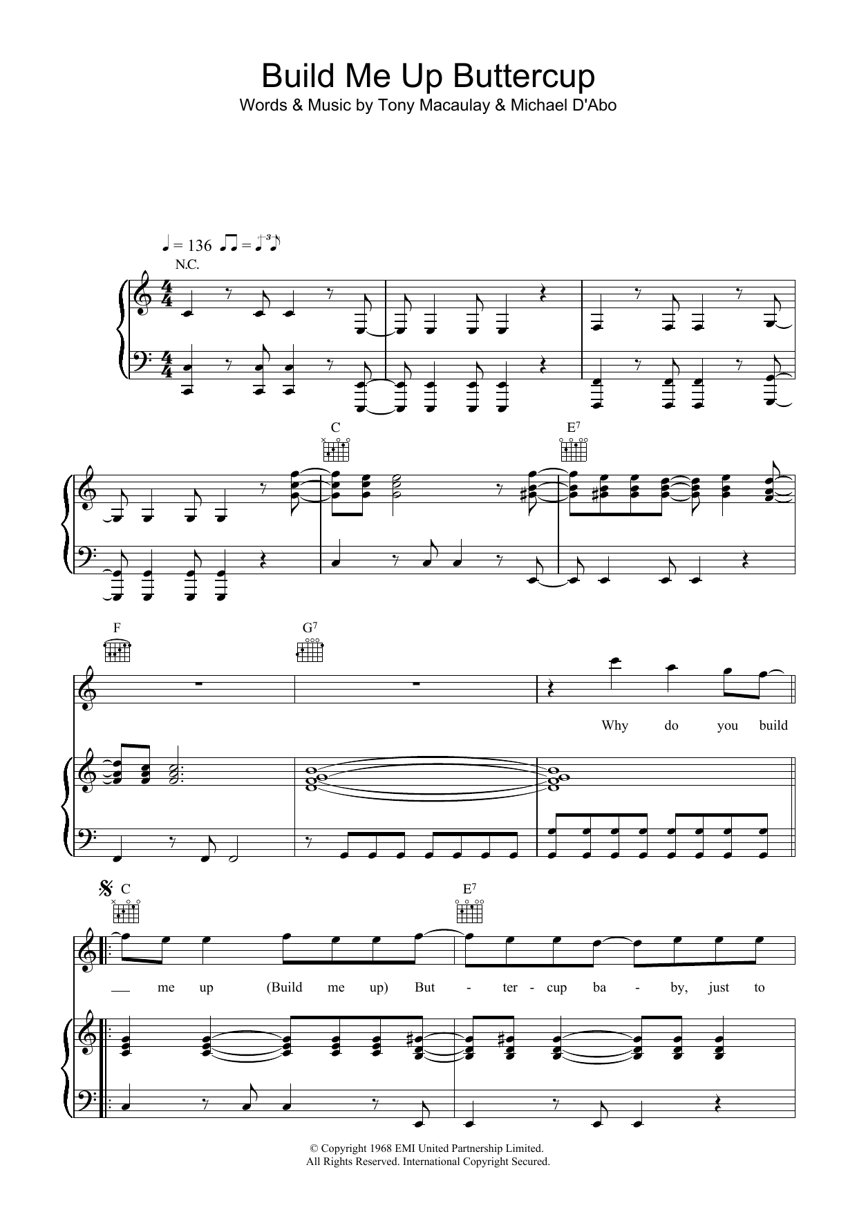 The Foundations Build Me Up Buttercup sheet music preview music notes and score for Piano, Vocal & Guitar (Right-Hand Melody) including 5 page(s)