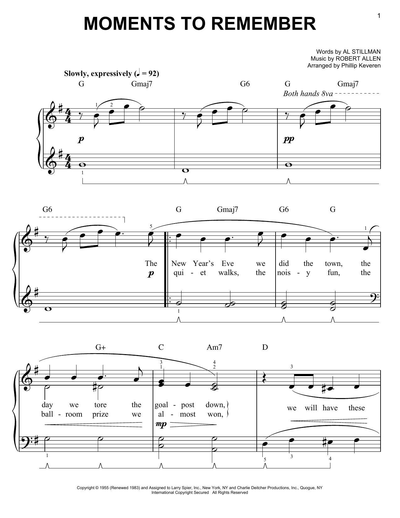 The Four Lads Moments To Remember (arr. Phillip Keveren) sheet music preview music notes and score for Easy Piano including 3 page(s)