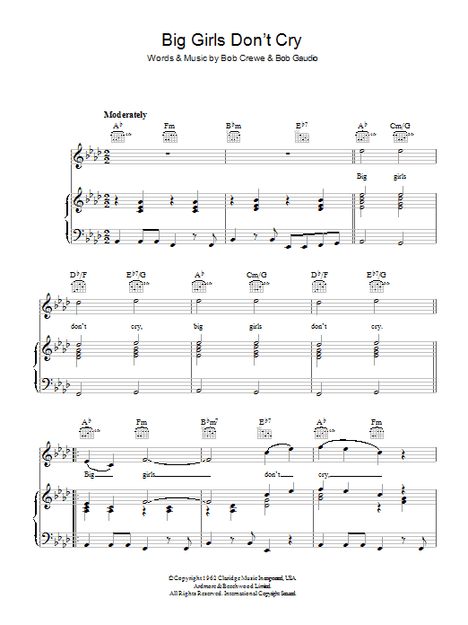 Learn to play Frankie Valli & The Four Seasons Big Girls Don't Cry sheet music for Piano, Vocal & Guitar (Right-Hand Melody) in minutes. Frankie Valli & The Four Seasons Big Girls Don't Cry sheet music preview music notes and score for Piano, Vocal & Guitar (Right-Hand Melody) including 4 page(s)