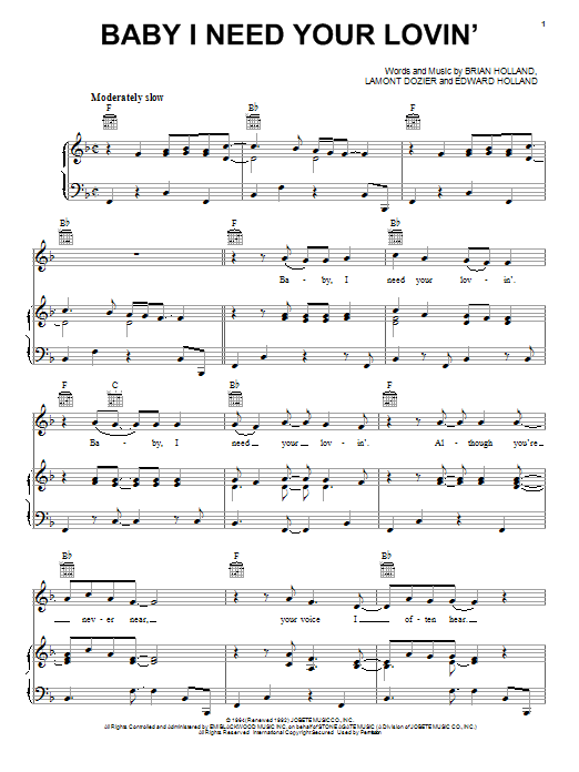 The Four Tops Baby I Need Your Lovin' sheet music preview music notes and score for Piano, Vocal & Guitar (Right-Hand Melody) including 6 page(s)