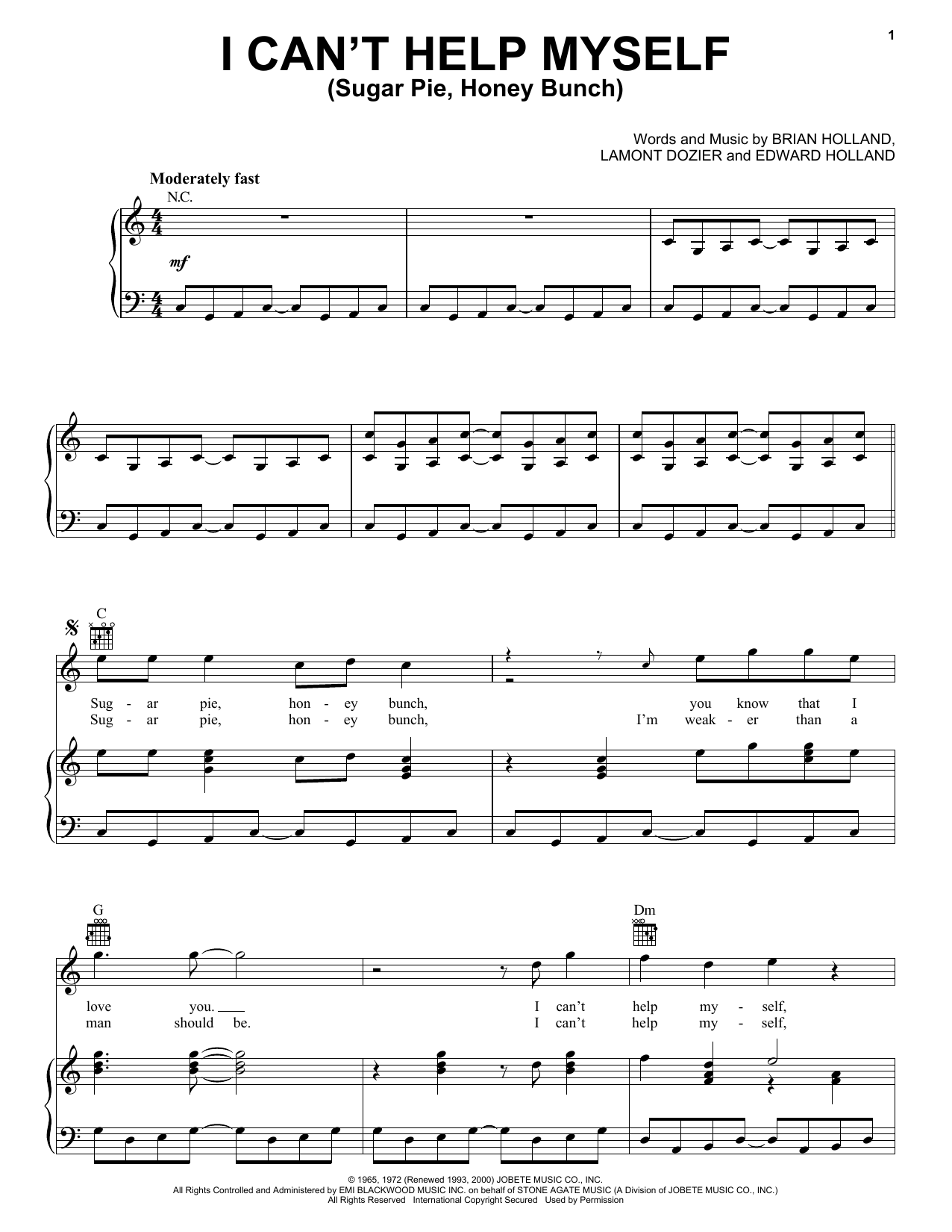 Learn to play The Four Tops I Can't Help Myself (Sugar Pie, Honey Bunch) sheet music for Piano & Vocal in minutes. The Four Tops I Can't Help Myself (Sugar Pie, Honey Bunch) sheet music preview music notes and score for Piano & Vocal including 6 page(s)