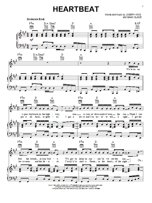Learn to play The Fray Heartbeat sheet music for Piano, Vocal & Guitar (Right-Hand Melody) in minutes. The Fray Heartbeat sheet music preview music notes and score for Piano, Vocal & Guitar (Right-Hand Melody) including 6 page(s)
