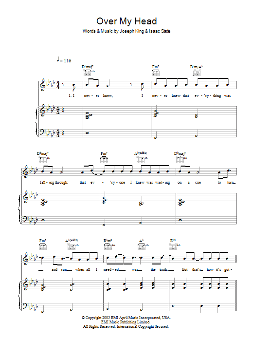 Learn to play The Fray Over My Head (Cable Car) sheet music for Piano, Vocal & Guitar (Right-Hand Melody) in minutes. The Fray Over My Head (Cable Car) sheet music preview music notes and score for Piano, Vocal & Guitar (Right-Hand Melody) including 7 page(s)