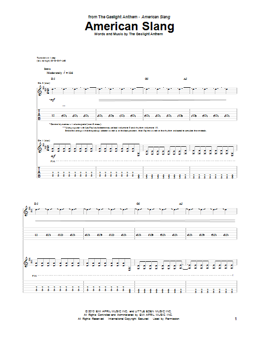 Learn to play The Gaslight Anthem American Slang sheet music for Guitar Tab in minutes. The Gaslight Anthem American Slang sheet music preview music notes and score for Guitar Tab including 11 page(s)