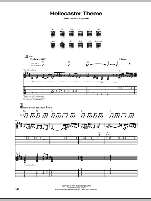 Learn to play The Hellecasters Hellecaster Theme sheet music for Guitar Tab in minutes. The Hellecasters Hellecaster Theme sheet music preview music notes and score for Guitar Tab including 6 page(s)