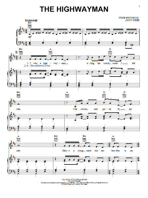 Learn to play The Highwaymen The Highwayman sheet music for Piano, Vocal & Guitar (Right-Hand Melody) in minutes. The Highwaymen The Highwayman sheet music preview music notes and score for Piano, Vocal & Guitar (Right-Hand Melody) including 3 page(s)