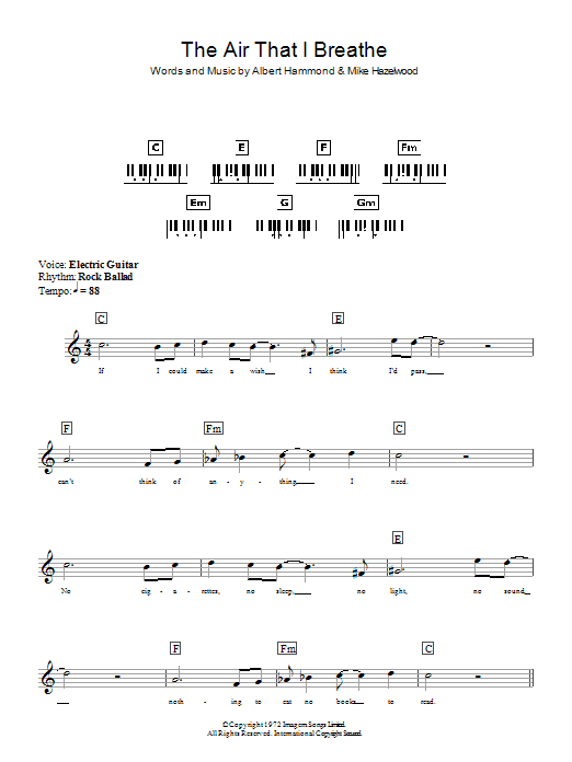 Learn to play The Hollies The Air That I Breathe sheet music for Lyrics & Chords in minutes. The Hollies The Air That I Breathe sheet music preview music notes and score for Lyrics & Chords including 2 page(s)