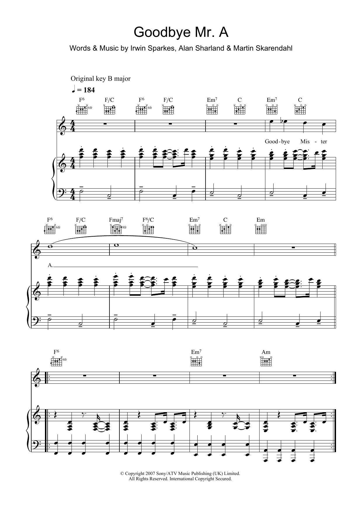 Learn to play The Hoosiers Goodbye Mr. A sheet music for Keyboard in minutes. The Hoosiers Goodbye Mr. A sheet music preview music notes and score for Keyboard including 2 page(s)