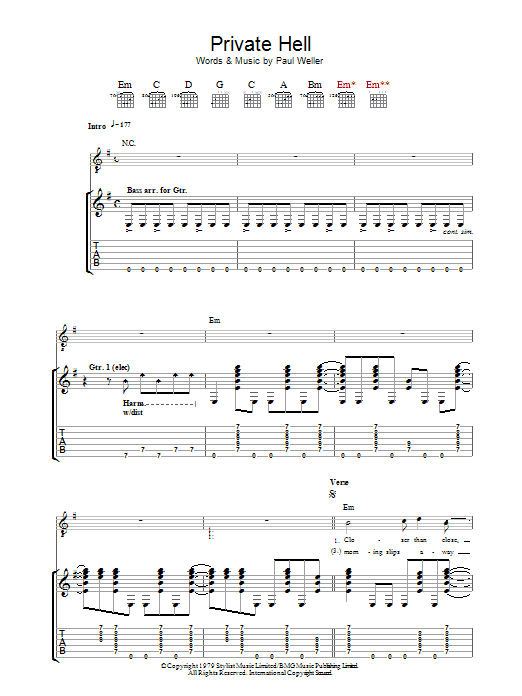The Jam Private Hell sheet music preview music notes and score for Guitar Tab including 11 page(s)