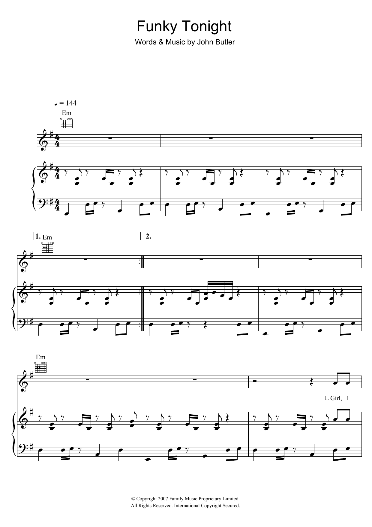 The John Butler Trio Funky Tonight sheet music preview music notes and score for Piano, Vocal & Guitar (Right-Hand Melody) including 8 page(s)