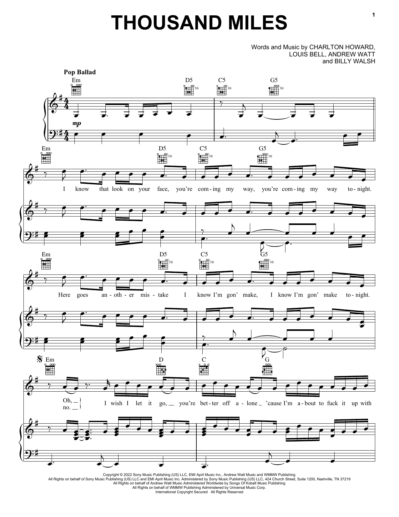 The Kid LAROI Thousand Miles sheet music preview music notes and score for Piano, Vocal & Guitar Chords (Right-Hand Melody) including 5 page(s)