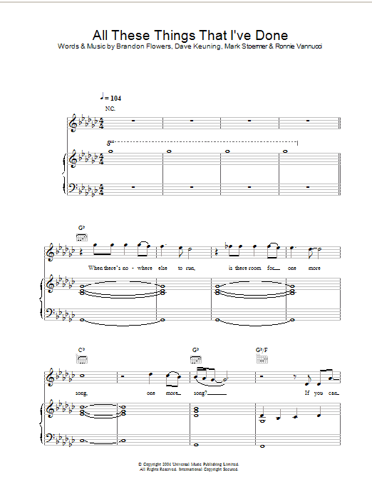Learn to play The Killers All These Things That I've Done sheet music for Piano, Vocal & Guitar in minutes. The Killers All These Things That I've Done sheet music preview music notes and score for Piano, Vocal & Guitar including 11 page(s)