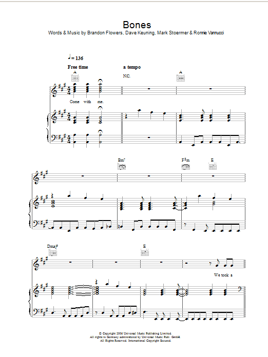 The Killers Bones sheet music preview music notes and score for Piano, Vocal & Guitar including 8 page(s)