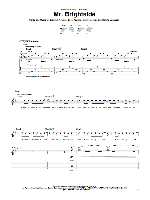 Learn to play The Killers Mr. Brightside sheet music for Guitar Tab in minutes. The Killers Mr. Brightside sheet music preview music notes and score for Guitar Tab including 6 page(s)