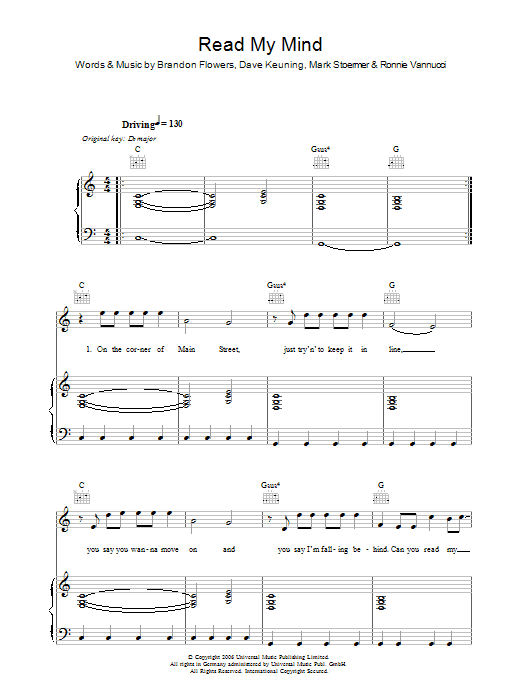Learn to play The Killers Read My Mind sheet music for Piano, Vocal & Guitar in minutes. The Killers Read My Mind sheet music preview music notes and score for Piano, Vocal & Guitar including 7 page(s)