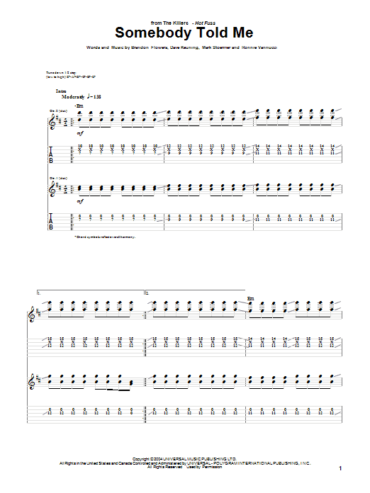 The Killers Somebody Told Me sheet music preview music notes and score for Melody Line, Lyrics & Chords including 2 page(s)