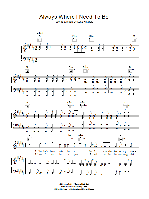 Learn to play The Kooks Always Where I Need To Be sheet music for Keyboard in minutes. The Kooks Always Where I Need To Be sheet music preview music notes and score for Keyboard including 2 page(s)