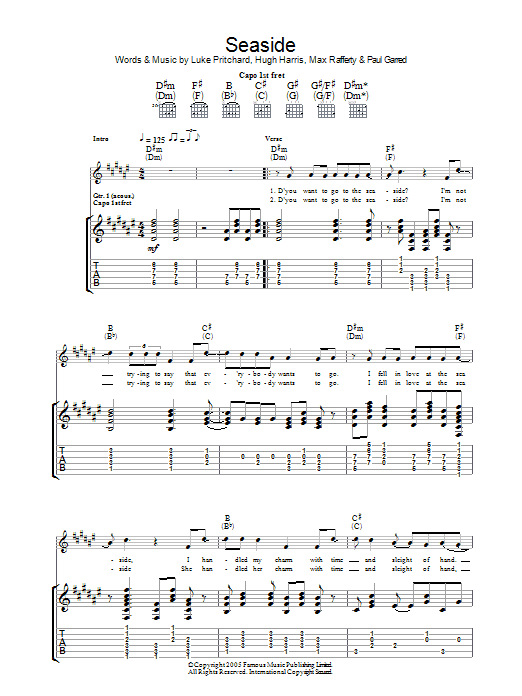 The Kooks Seaside sheet music preview music notes and score for Guitar Tab including 3 page(s)