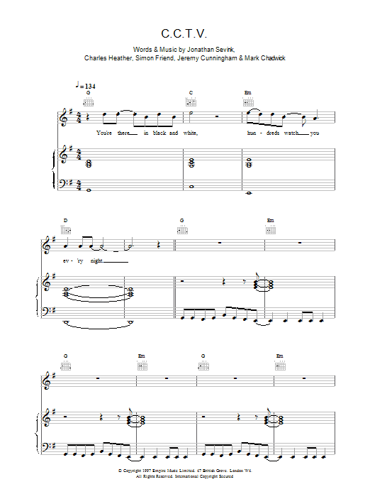 The Levellers CCTV sheet music preview music notes and score for Piano, Vocal & Guitar including 6 page(s)