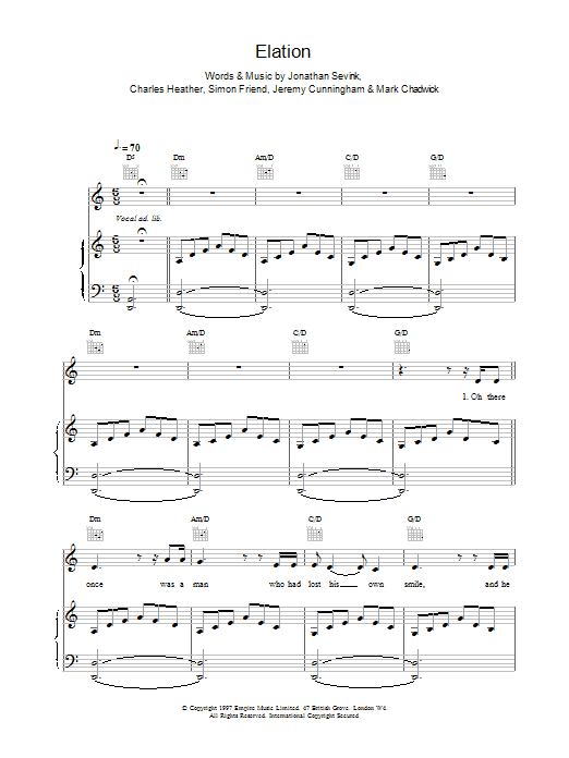 The Levellers Elation sheet music preview music notes and score for Piano, Vocal & Guitar including 6 page(s)