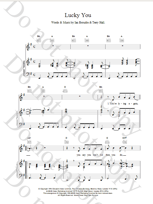 The Lightning Seeds Lucky You sheet music preview music notes and score for Piano, Vocal & Guitar (Right-Hand Melody) including 5 page(s)