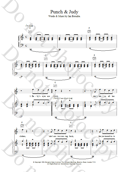 The Lightning Seeds Punch & Judy sheet music preview music notes and score for Piano, Vocal & Guitar (Right-Hand Melody) including 4 page(s)