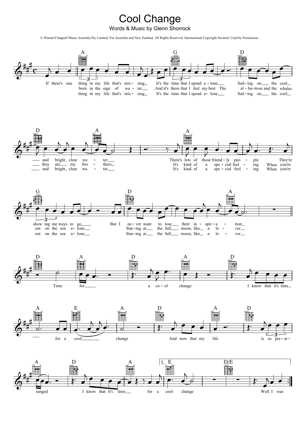 Learn to play The Little River Band Cool Change sheet music for Melody Line, Lyrics & Chords in minutes. The Little River Band Cool Change sheet music preview music notes and score for Melody Line, Lyrics & Chords including 2 page(s)