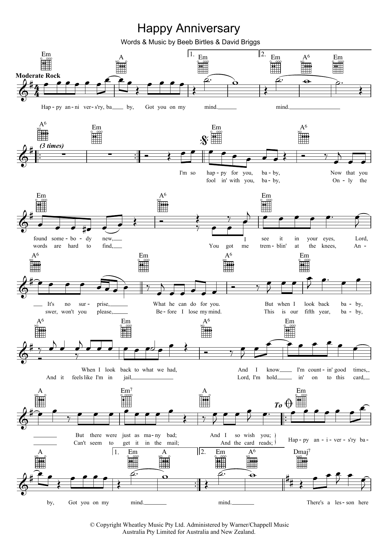 Learn to play The Little River Band Happy Anniversary sheet music for Melody Line, Lyrics & Chords in minutes. The Little River Band Happy Anniversary sheet music preview music notes and score for Melody Line, Lyrics & Chords including 2 page(s)
