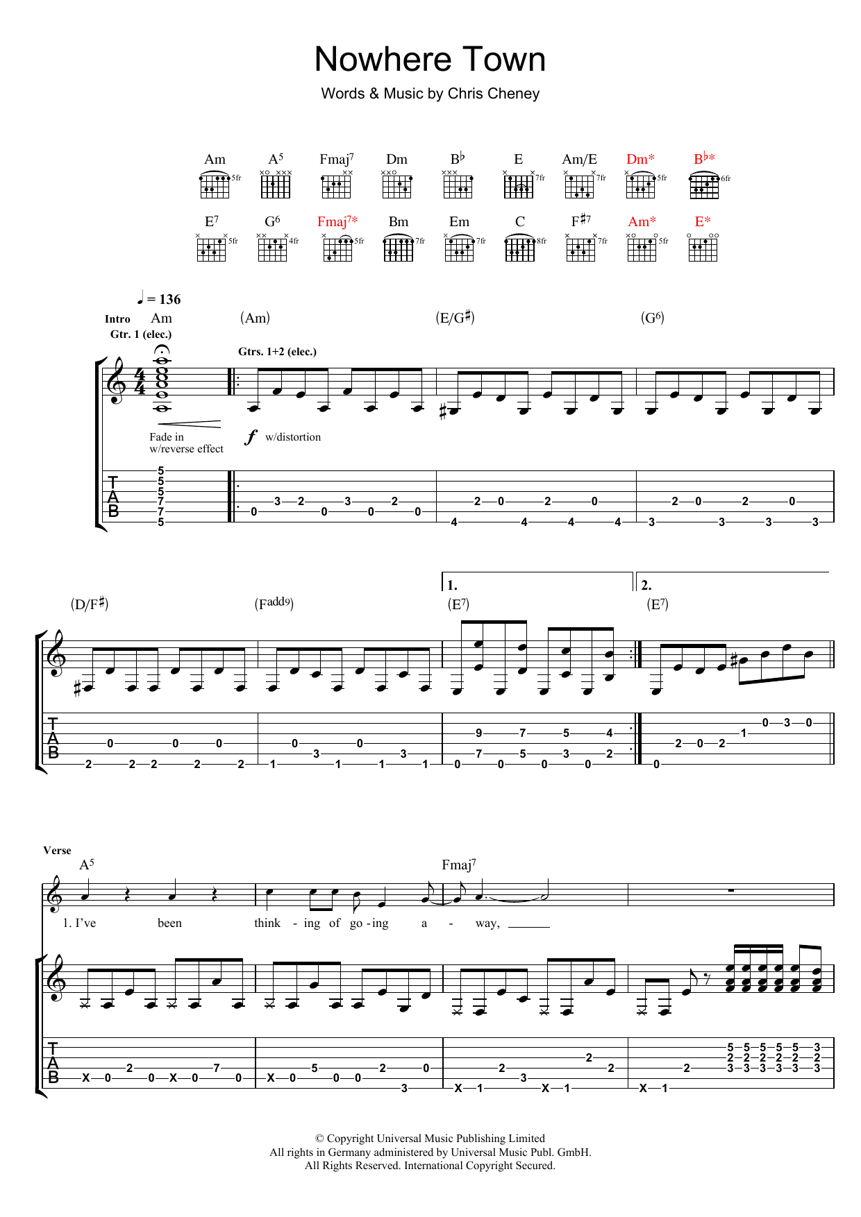 The Living End Nowhere Town sheet music preview music notes and score for Guitar Tab including 10 page(s)