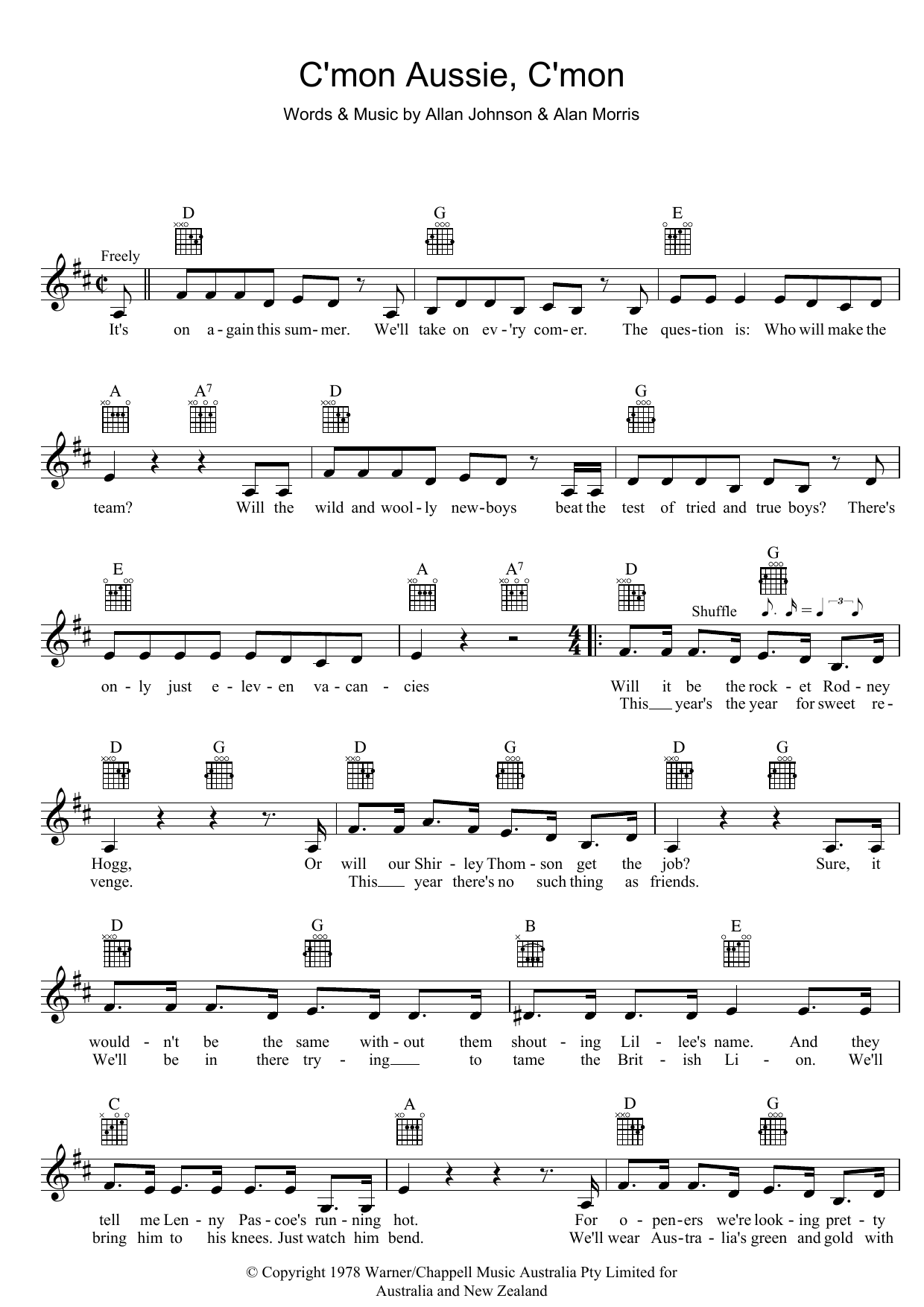 Learn to play The Mojo Singers C'mon Aussie, C'mon sheet music for Melody Line, Lyrics & Chords in minutes. The Mojo Singers C'mon Aussie, C'mon sheet music preview music notes and score for Melody Line, Lyrics & Chords including 3 page(s)
