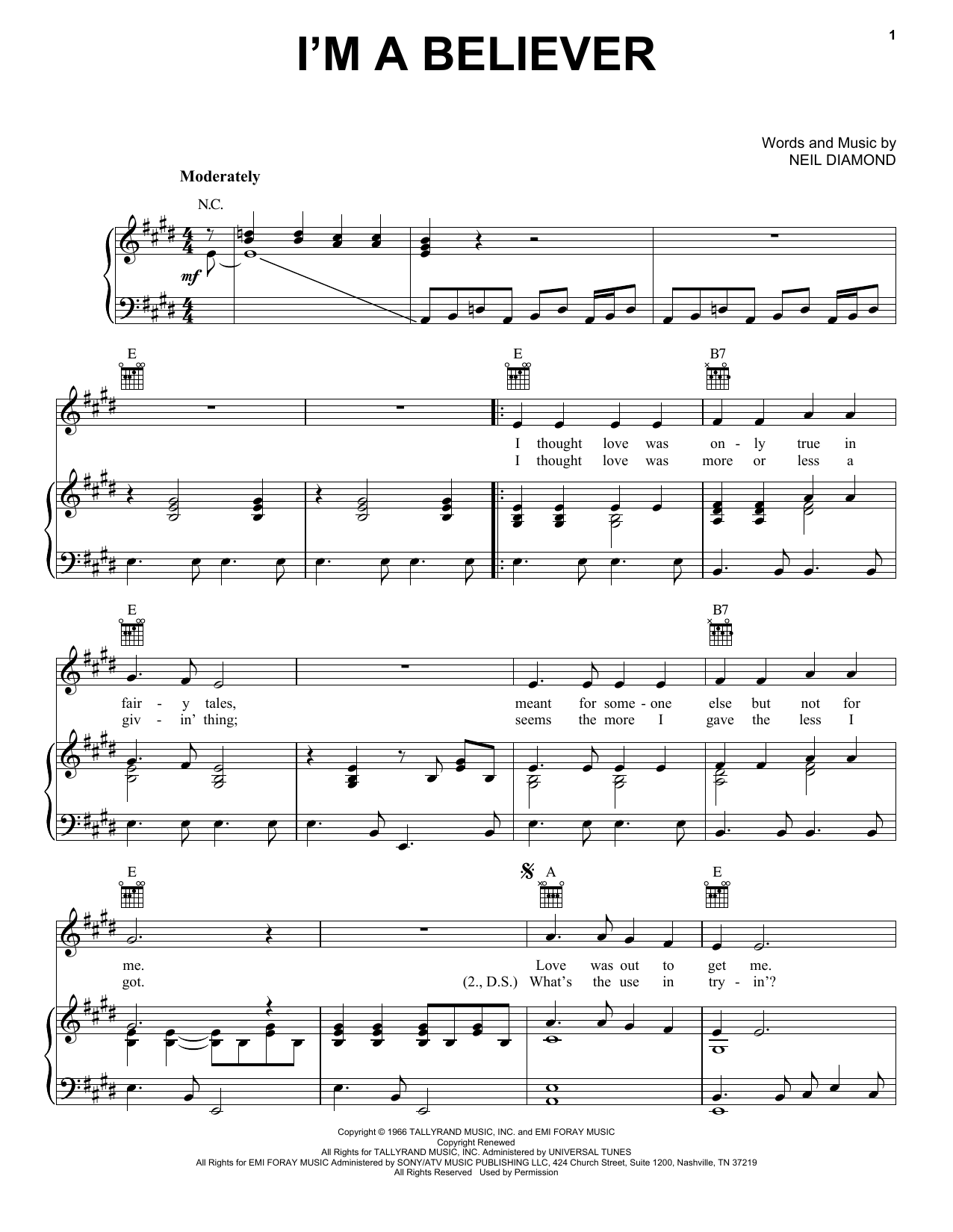 The Monkees I'm A Believer sheet music preview music notes and score for Piano, Vocal & Guitar (Right-Hand Melody) including 4 page(s)
