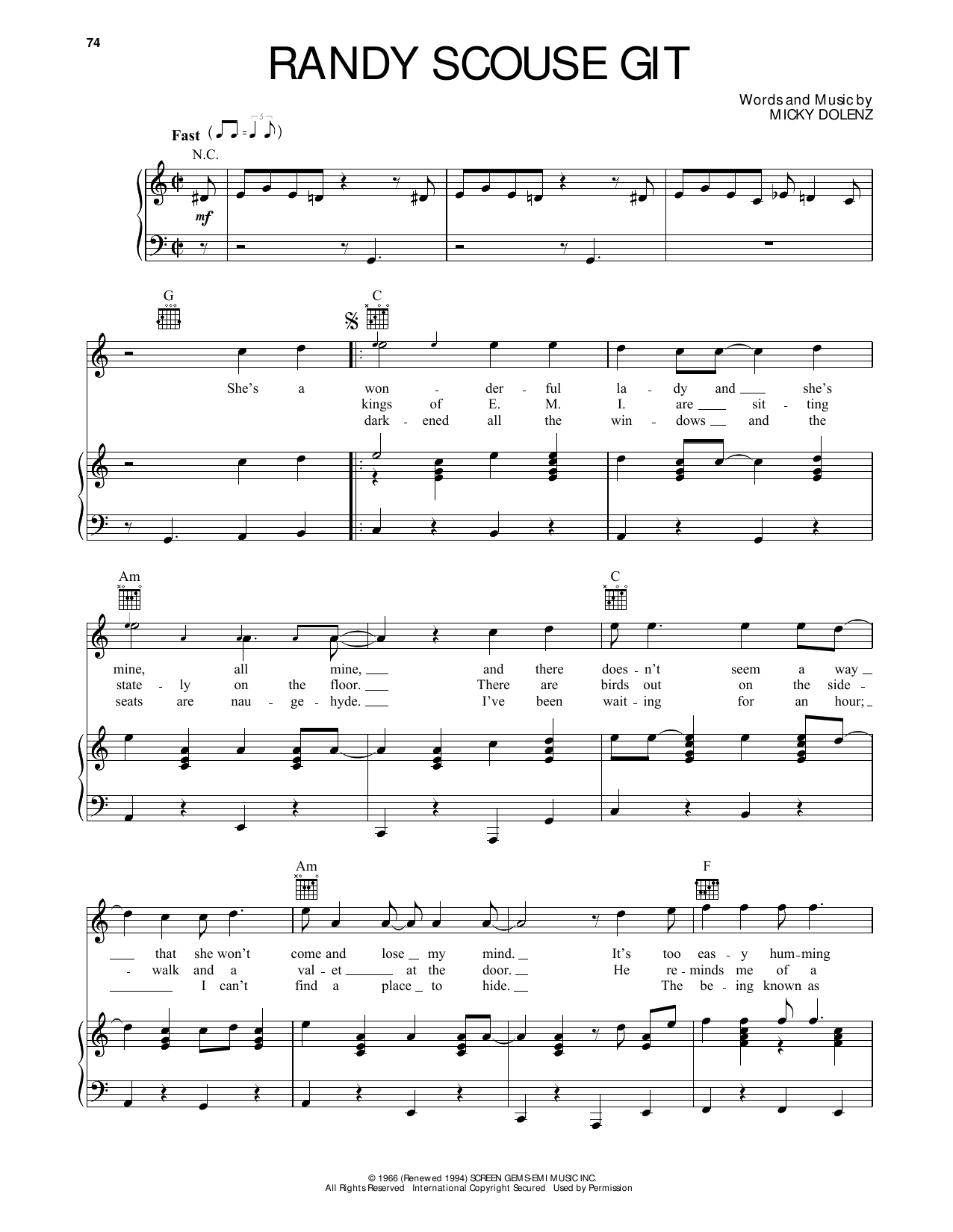 Learn to play The Monkees Randy Scouse Git sheet music for Piano, Vocal & Guitar (Right-Hand Melody) in minutes. The Monkees Randy Scouse Git sheet music preview music notes and score for Piano, Vocal & Guitar (Right-Hand Melody) including 6 page(s)