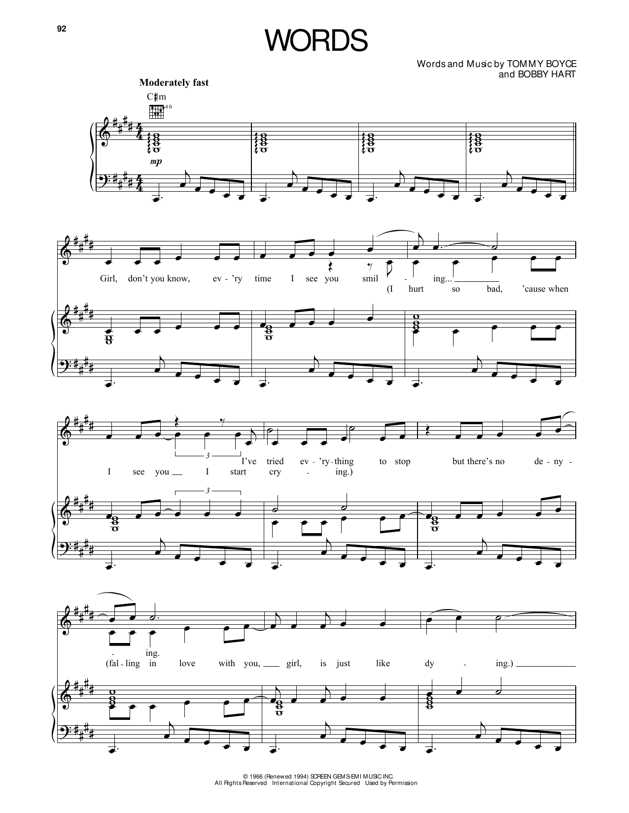 Learn to play The Monkees Words sheet music for Piano, Vocal & Guitar (Right-Hand Melody) in minutes. The Monkees Words sheet music preview music notes and score for Piano, Vocal & Guitar (Right-Hand Melody) including 5 page(s)