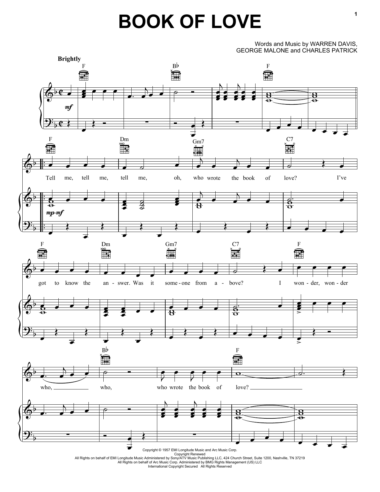 The Monotones Book Of Love sheet music preview music notes and score for Piano, Vocal & Guitar (Right-Hand Melody) including 4 page(s)